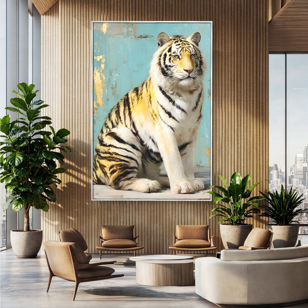 Tablou canvas cu tablou canvas cu tigru alb, in rama de aluminiu argintiu, pe perete intr-un birou